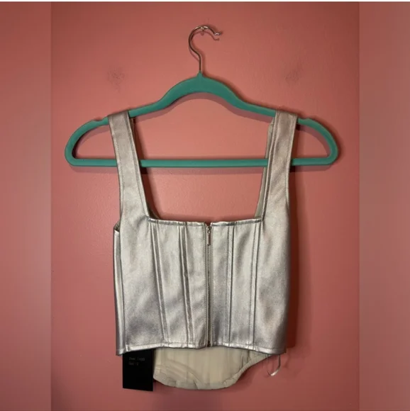 NWOT Japna Metallic Silver Zip Up Corset Faux Leather Crop Bustier Sz S - Picture 11 of 12
